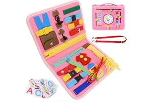 MCGMITT Felt Busy Board for Toddlers, Soft Sensory Activity Board for Fine Motor and Dressing Skills, Early Development Montessori Toys for 2/3/4/5 Years Olds with Alphabet and Numbers Patches (Pink)