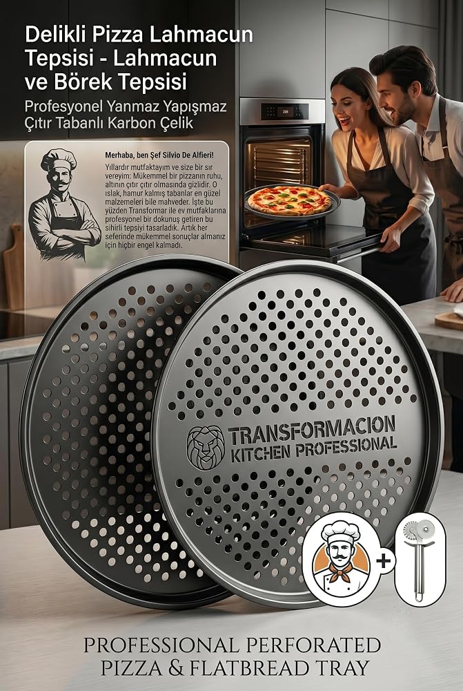 Profesyonel Delikli Pizza Tepsisi 32 cm - Yanmaz Yapışmaz Çıtır Tabanlı Karbon Çelik Lahmacun ve Börek Tepsisi 723292