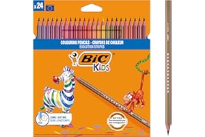 BIC Kids Evolution Stripes Crayons de Couleur Enfant, Couleurs vives et intenses, Idéal pour dessiner et colorier - Couleurs assorties, Lot de 24