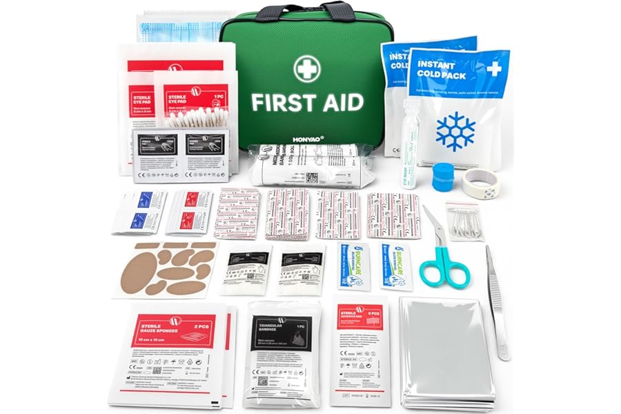 HONYAO First Aid Kit 180 Pcs, Premium Medical Kit for Home Car Workplace Travel Camping Sports Kids, Includes Eyewash, 2 x Instant Cold Packs, 2 x Burn Gel, Emergency Blanket, Plasters, Green