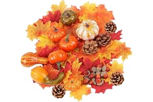 YIYAYOO 128pcs Artificial Pumpkins Autumn Decorations Set with Fall Maple Leaves, Acorns, Pine Cones, Pumpkins Autumn Decor for Thanksgiving Halloween Fall Harvest Home Table Decorations Crafts