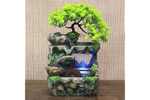 SANBOUSI Zimmerbrunnen mit Farbwechselnder LED-Licht Harz Desktop Brunnen Wasserfall Tischbrunnen Feng Shui Wheel Einladender Reichtum Springbrunnen