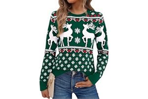 Litherday Damski sweter bożonarodzeniowy, sweter z okrągłym dekoltem, damski zimowy sweter z nadrukiem renifera i płatka śniegu, świąteczna odzież na co dzień na imprezę bożonarodzeniową