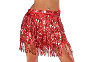 Monbessi Sequin Skirt for Women Cute Tassel Belly Dance Skirt Glitter Skirt for Women and Girls Festival Dance Performance