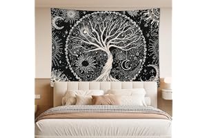 Hoypeyfiy Livets träd, måne och sol, svart-vit psykedelisk mandala stjärnhimmel, väggmatta för väggdekoration (150 x 200 cm)