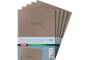 SIGEL SM211 Set di 5 Portamenù con cordino elastico e 2 tasche trasparenti per 8 fogli DIN A5, con stampa del menù, beige scuro