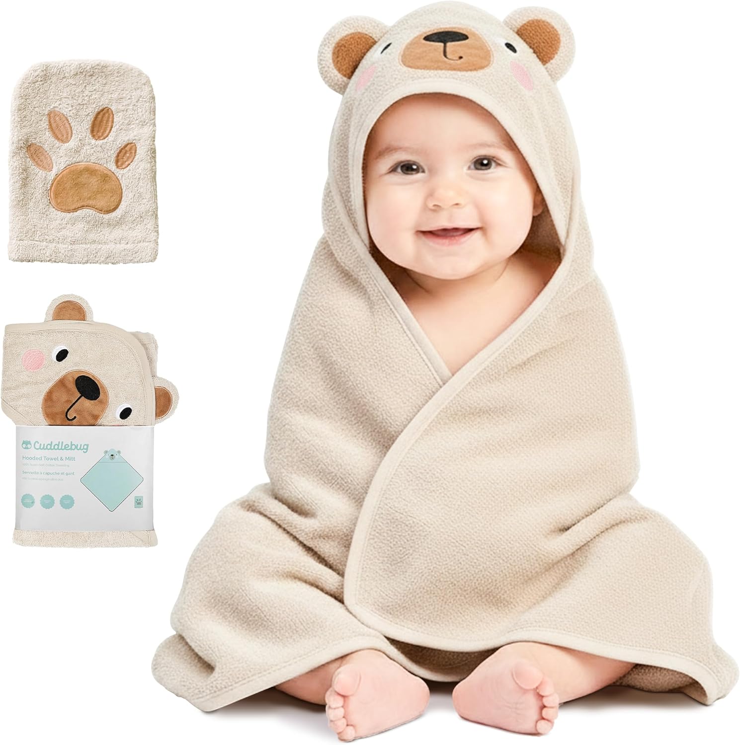 CuddleBug Set de Capa de Baño con Capucha y Manopla para Bebé - 100% Algodón Rizo Premium - Toalla Infantil Ultra Suave y Absorbente para Recién Nacidos y Niños (85 x 85 cm) - Bear