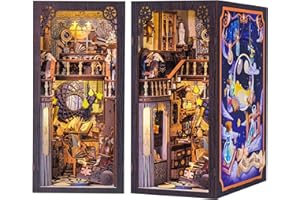 CUTEBEE DIY Book Nook Dollhouse Kit with Dust Proof -DIY Miniature Dolls House Kit with Furniture and LED Light,3D Puzzle Wooden Art Bookends, Model Kits for Adults to Build (Nebula Common Room)