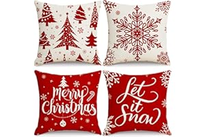 4TH EMOTION Christmas Pillow Covers, 18x18in Christmas Tree Snowflake Decor Linen Throw Pillows Cases, Set of 4 Xmas Holiday Home Bedroom Decorative Cushion Cover for Sofa Car Home, 45cm x 45cm Red