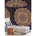 Tapisserie Murale Mandala En Coton Aakriti Gallery - Couvre-Lit Bohème Bleu Doré 234x208 Cm, Décoration Boho Chic Pour Salon Et Chambre