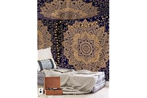 Aakriti Gallery Cotton Mandala Tapestry Wall Hanging - Bohemian Bedspread, Boho Blanket/Throw Tapestries for Living Room, Home Decor (Blue Golden, 220x200 cms)