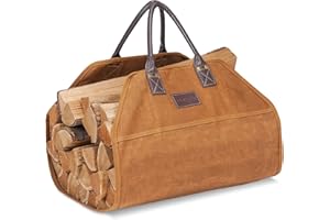 G Good GAIN Porta Legna da Ardere in Tela Cerata Con Manici in Pelle,Porta Legno per Legna da Ardere,90x40cm,Borsa Portaoggetti per Legna da Ardere,Borsa Interna per Camino,Accessori per Stufe Legna