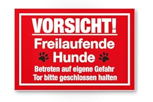 ‎KOMMA SECURITY Komma Security Vorsicht freilaufende Hunde - Hunde Schild Hinweisschild Gartentor Gartenzaun - Türschild Haustüre Warnschild Abschreckung Einbruchschutz - Tor geschlossen halten