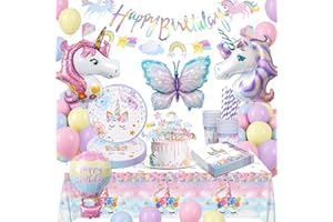 LAISLLA Einhorn Deko Kindergeburtstag, Einhorn Partygeschirr Set, Pappteller Kindergeburtstag mit Schmetterling Luftballons, Geburtstagsdeko Mädchen für Party Deko 16 Gäste