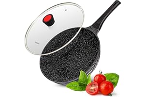 INTIGNIS poêle à frire non collante avec couvercle, poêle wok 30cm induction gaz plaques électriques, casserole de cuisson sans produits chimiques avec poignée froide (NOIR)