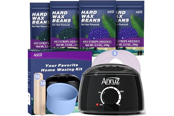 ANRUZ Chauffe Cire Epilation, Kit Epilation Cire Inclure 400g Perles de Cire et 20 Spatules, Silicone Bol, Chauffe Cire Kit pour Corps Entier, Jambes,Visage, Sourcils