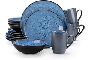 vancasso Bubble Blue Dinner Set, 16-Piece Reactive Glaze Dinnerware Plates and Bowls Set, Dinner Service with 11in Plate, 8in Dessert Plate, 7in Bowl and 380ml Mug, Service for 4