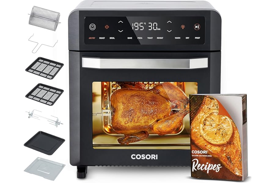 COSORI CAF-R121 Air Fryer, 12 Litres, Electric Double Resistance, 11 Preset Functions, 1800W, 30-220°C, with 7 Accessories, Silver,