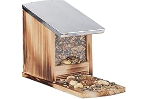 Relaxdays, Mangeoire en bois, toit en métal étanche, à poser, Hutte pour écureuil, flammé, marron