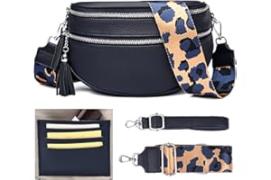 SOGYECS Crossbody Bag Damen Breiter Gurt 5CM Umhängetasche Klein Bauchtasche Stylisch Veganes Leder Brustbeutel Blau Schwarz Mit Kreditkartenfach und 2 Schultergurten
