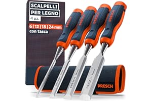 Presch Set di scalpelli per legno 4pz. incl. Borsa - Completamente affilati per un utilizzo immediato (6, 12, 18, 24mm) - Con angolo di taglio a 25° e robusta capocchia in metallo