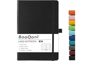 BOOQOOL A5 Notebook - Notebook A5 with Premium Paper, Faux Leather Notebook, 5.7" X 8.4", Hardcover, 144 Pages - Black