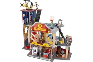 KidKraft Set da Gioco in Legno per Bambini Caserma dei Vigili Del Fuoco Deluxe con Camion dei Pompieri, Cane, Ambulanza, Elicottero, Giocattolo per Bambini 3+ Anni, 63214