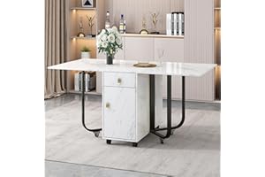 Merax Folding Dining Table, Folding Kitchen Utility Table with Cupboard and 2 Drawers, Space-Saving Dining Table for Home Living Room Pub (White and Black)