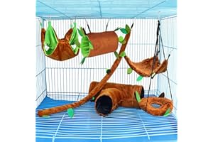 LANFLY 6PCS Hamster Hanging Warm Bed Small Animals Cage Nest Winter Bed House Including Hanging Hammock Tunnel Swing Toy Accessories Forest Pattern for Hamster Squirrel Parrot Rat Chinchilla