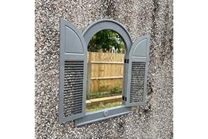 Fizporium Indoor Outdoor Arched Window Mirror Rustic White Garden Window Mirror Water Proof Backing and Plastic Frame 71x50cm - Grey