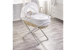 Kinder Valley White Teddy Wash Day Palm Moses Basket with Folding Stand Grey, Adjustable Hood, Fibre Mattress & Padded Liner