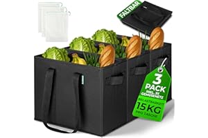 COTTARA® faltbare Einkaufstasche groß 3er Pack & Obstnetz – stabiler großer Einkaufskorb faltbar mit verstärktem Boden – Ideale Einkaufstasche für Einkaufswagen & Kofferraum – 80 L Schwarz