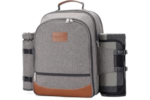 HappyPicnic Isolierter Picknickrucksack für 4 Personen mit komplettem Geschirr, geräumigem Kühlfach, Flaschenhaltern und großem wasserdichtem Picknick-Teppich