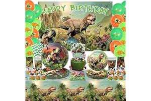 Obussgar Dinosaurier Geburtstag Party Dekorationen - Dinosaurier Party Zubehör einschließlich Kulisse, Kuchen Topper, Teller, Tassen, Servietten, Tischdecken, Luftballons- für 20 Gäste (Kulisse)