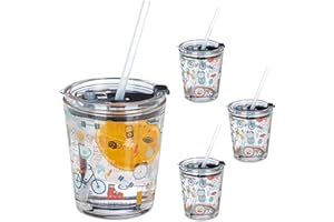Relaxdays Tasse enfant avec couvercle & paille, lot de 4, motif de sport, 350 ml, lavable au lave-vaisselle, transparent 10036040