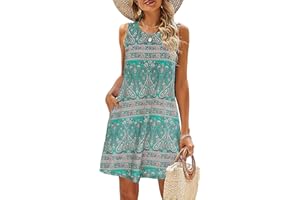 BDTECAOR Sommerkleider Damen Ärmellos Blumen T-Shirt Strandkleid Leichte Lässige Taschen Boho Tank Kleid