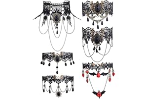 Finrezio 6 Pcs Lace Choker Necklace Set Gothic Choker Necklaces for Women Girls Halloween Decorations Punk Costume Gothic Vintage Black Choker Gothic Necklace for Halloween Costume Cosplay