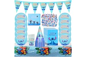 FGEN 108 Pièces Lilo Stitch Décoration de Fête, Stitch Vaisselle de Fête, Comprend Des Assiettes, Sac Cadeau, Chapeau en Papier, Autocollants, pour Décorations de Fête d'anniversaire 10 personnes