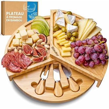 Plateau à Fromage Rond Coulissant En Bois D'Acacia SAMFUNG Avec 3 Outils - Idéal Cadeau 19,1 Cm