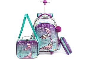 HTgroce Cartable a Roulette Fille 3 en 1 Sac a Roulette Fille 16 inch Cartable a Roulette Fille Primaire pour Filles Adolescentes Apportez Une Trousse à Crayons et Un Sac à Lunch.