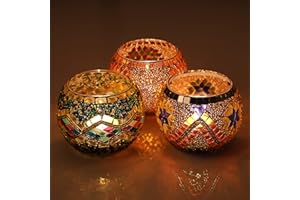 Belle Vous Candelabros para Velas Votivas de Té - Portavelas Cristal Tintado (Pack de 3) 10,2 cm de Ancho x 7,8 cm de Alto - Porta Velas Mosaico Adorno del Hogar, Centro de Mesa en Boda