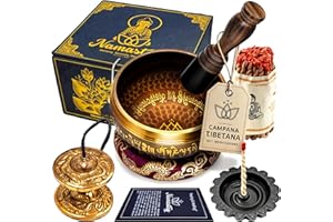 NAMASTEY® – Campana Tibetana – Ø10 cm – Cimbali tibetani – Tingsha – Bruciatore incenso – Incenso di Corda – In Scatola di Lokta – Set di Accessori per Meditazione e Yoga – Fatto a Mano in Nepal