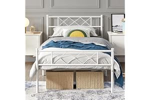 Yaheetech Nowoczesne metalowe łóżko ze stelażem, łóżko podwójne/pojedyncze, rama łóżka z zagłówkiem, łóżko dla gości, łóżko młodzieżowe, do sypialni, pokoju gościnnego, 90 x 190 cm, kolor biały