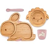 Koko Kids® Bamboo and Silicone Feeding Set ~ Rabbit Suction Plate, Lamb Suction Bowl, Silicone Cup and Spoon … (Rosa)
