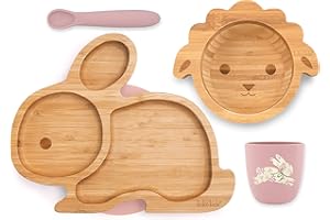 Koko Kids® Bamboo and Silicone Feeding Set ~ Rabbit Suction Plate, Lamb Suction Bowl, Silicone Cup and Spoon (Rosa)