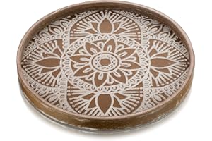 Hanobe Okrągła drewniana taca dekoracyjna: rustykalna taca na stolik kawowy taca wiejska dekoracja brązowy element centralny drewniane tace do serwowania zaokrąglona taca na blat kuchenny boho taca