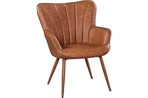 Yaheetech Modern Tub Chair, PU Leather Living Room Armchair, Side Vanity Chair with Curved High Back and Thick Soft Padded Seat for Bedroom Makeup Reading Nook, Retro Brown