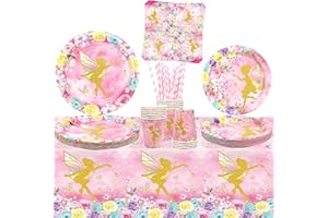 ENCETARDE Fairy Party Supplies - Pink Flower Girl Plates, Cups, Napkins, Tablecover, Straws for 20-Person Butterfly Princess Party (20)