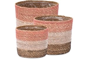 Decorasian - Cache-pot en jonc de mer tressé - Pot de fleurs - Panier de plantation avec insert en film dans le style Boho - Rose-Blanc-Noir - Ensemble 25 cm + 20 cm + 16 cm