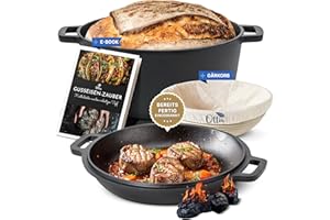 Ottia Pentola in ghisa, coperchio come padella, per cuocere il pane, stufato, per induzione, gas, campeggio, fuoco, barbecue, barbecue, con cestino e ricettario, commerciante di Amburgo